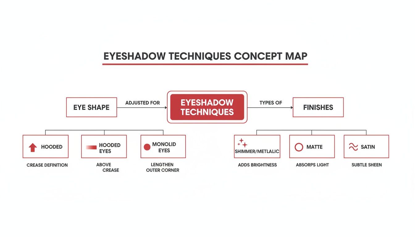 A concept map showing eyeshadow techniques adjusted for eye shapes like hooded and monolid, and different finishes.