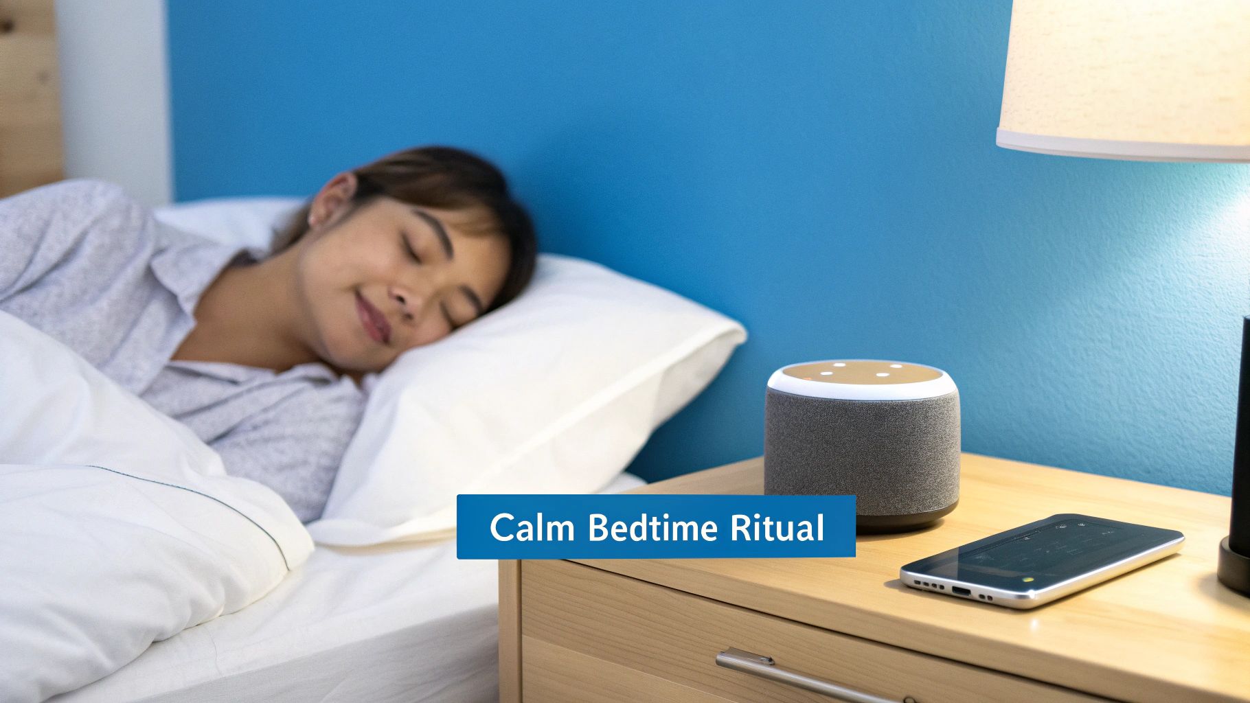 A person lying comfortably in bed listening to an audiobook with headphones on.