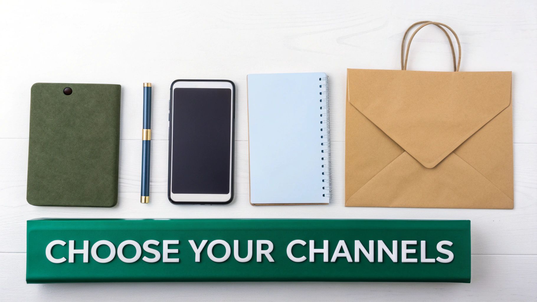 Flat lay of a notebook, pen, smartphone, spiral notebook, and paper bag with a 'CHOOSE YOUR CHANNELS' sign.