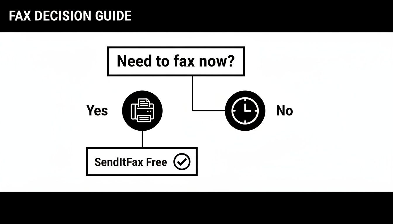 A fax decision guide flowchart. 'Need to fax now?' leads to 'SendItFax Free' for Yes, and a clock icon for No.
