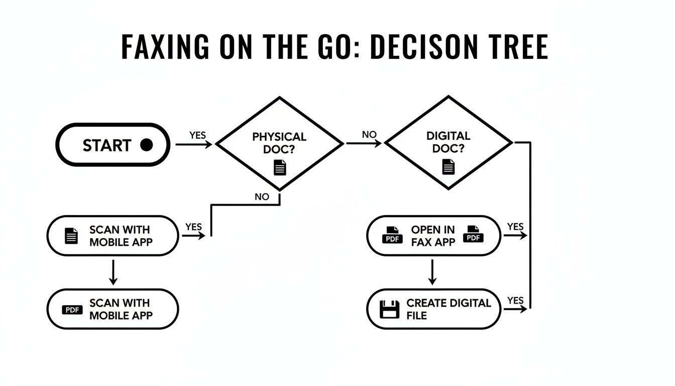 A flowchart illustrates steps for faxing documents on the go, covering both physical and digital formats.