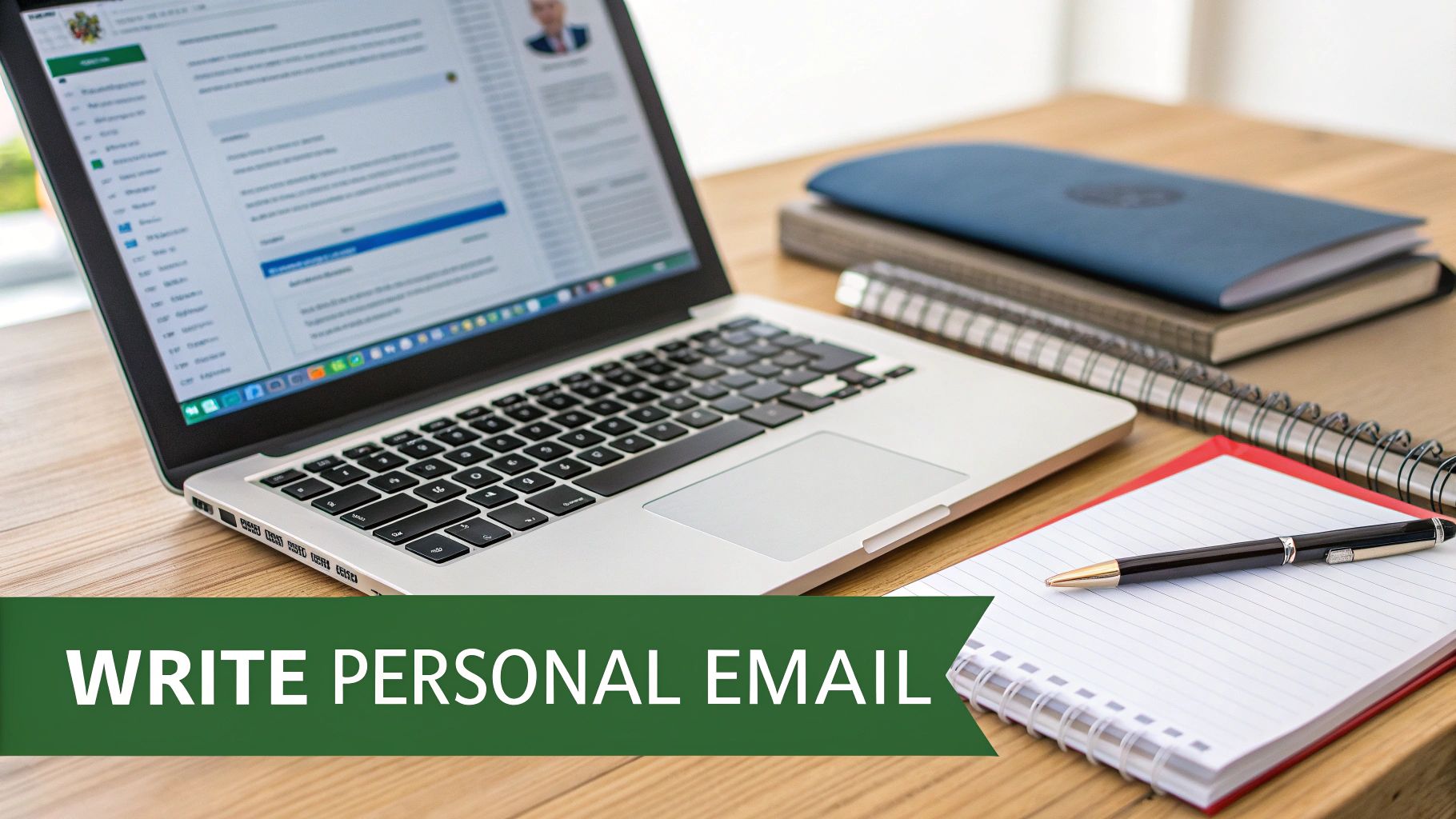 Laptop and notebooks on wooden desk for writing personal email correspondence professionally