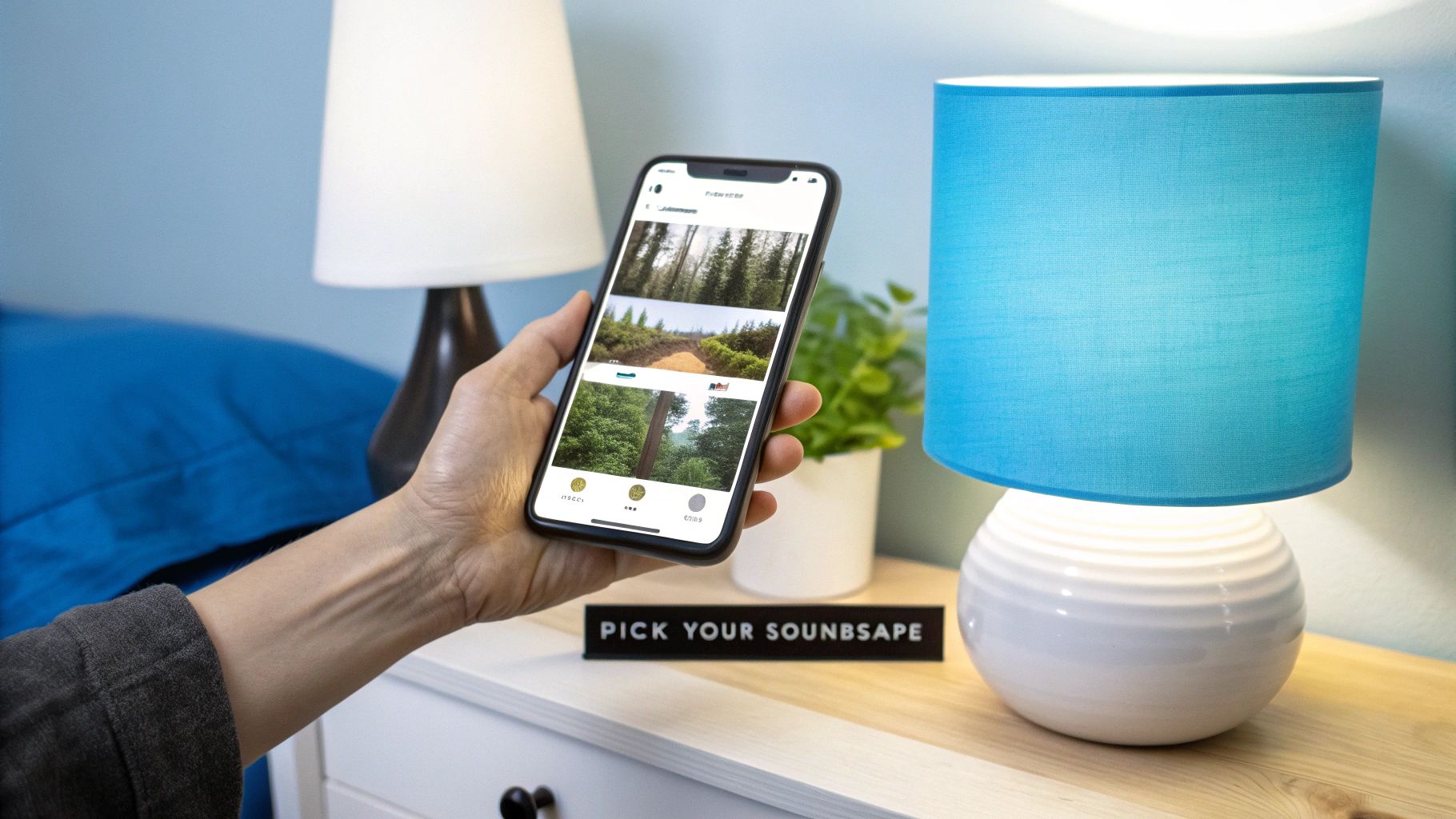 Hand holding a smartphone displaying nature soundscape options, next to a "PICK YOUR SOUNDSAPE" sign and lamps.