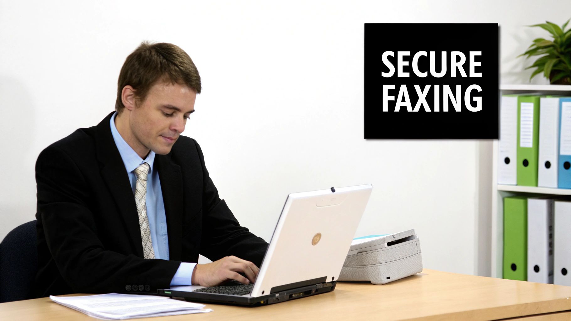 A man in a suit uses a laptop at a desk, with a fax machine and a 'SECURE FAXING' sign.