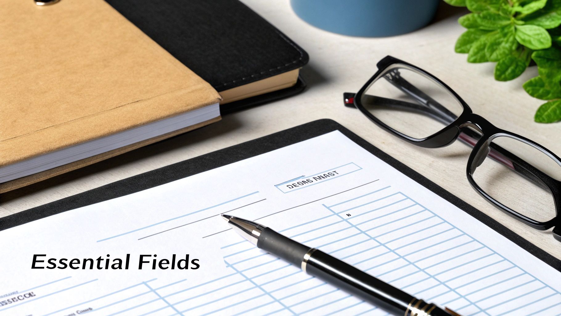 A flat lay of a desk with a document titled 'Essential Fields', a pen, glasses, and notebooks.