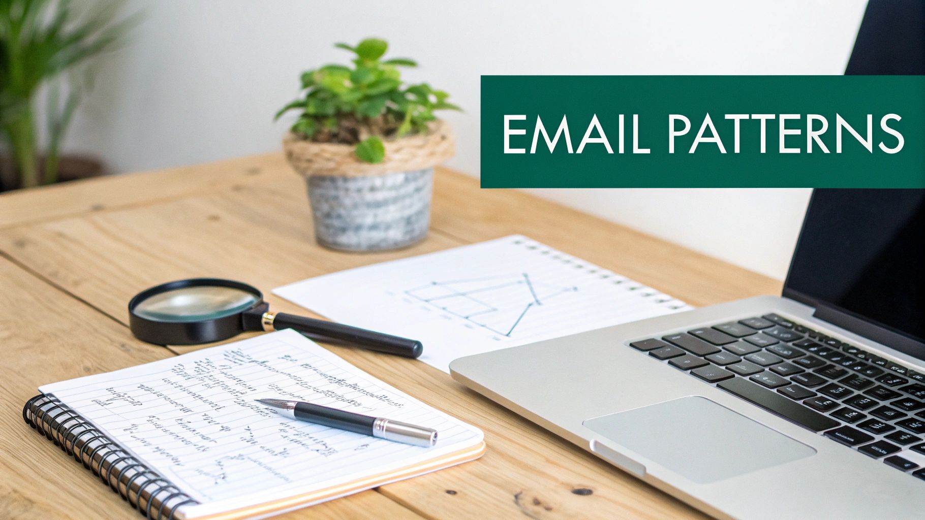 Desk setup with laptop, notebook, pen, magnifying glass, plant, and a banner saying 'EMAIL PATTERNS'.