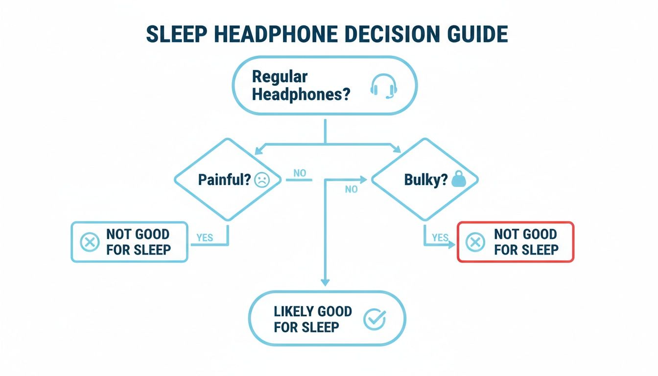 Flowchart guiding the decision on using regular headphones for sleep based on comfort and bulkiness.