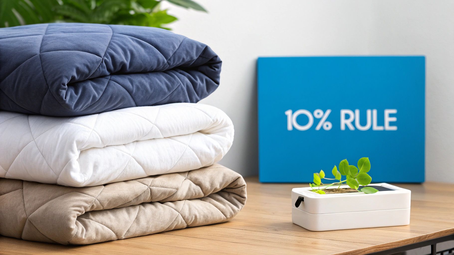 A stack of three quilted blankets in navy, white, and beige on a wooden table. A blue sign with "10% RULE" and a small plant are in the background.