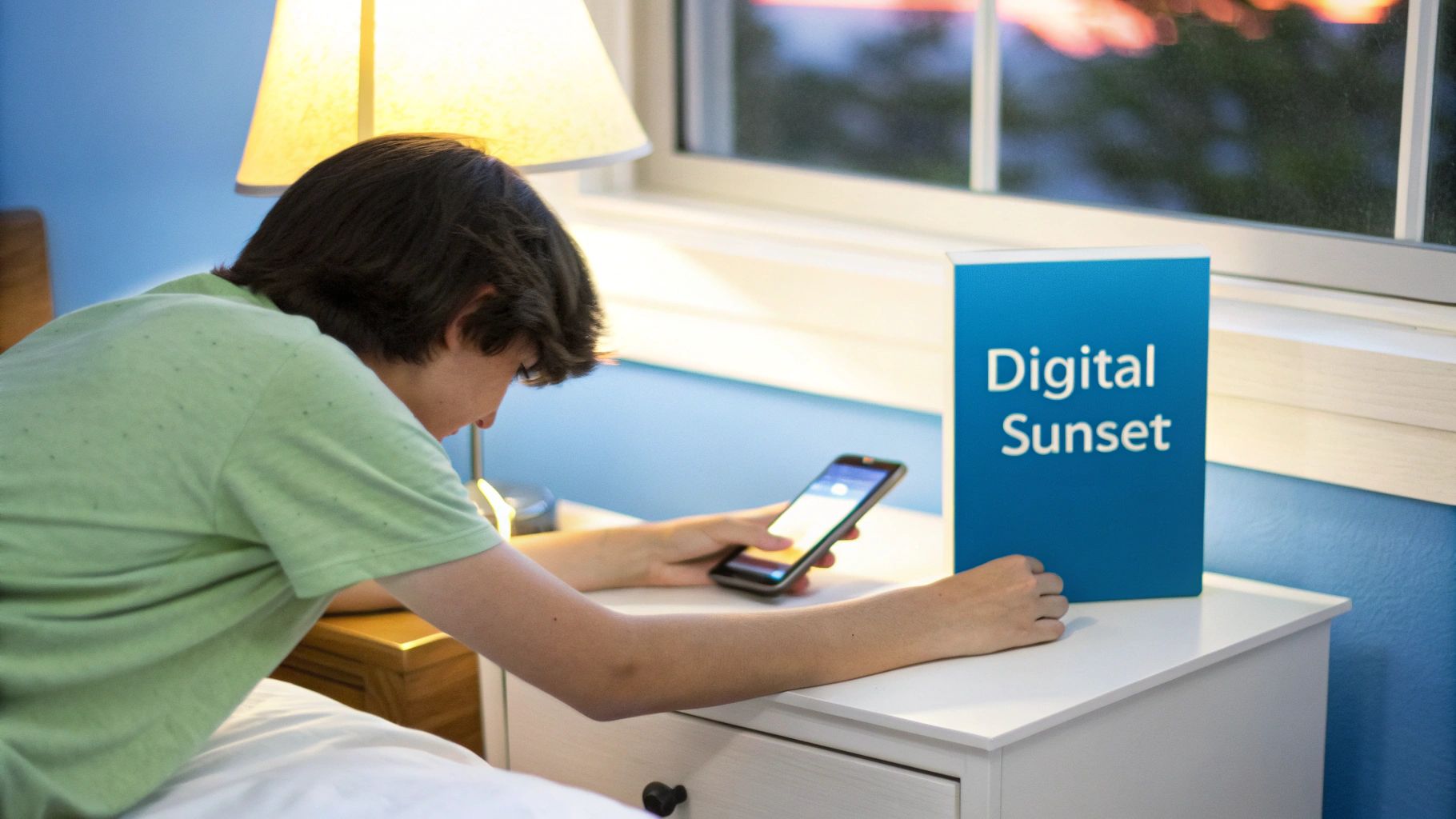 A person scrolling on their phone in bed at night.