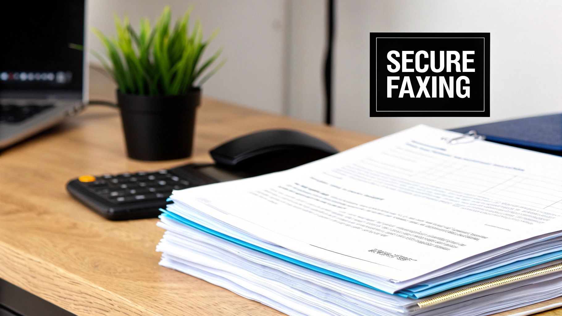 An office desk with a stack of papers, calculator, laptop, and a plant, displaying 'SECURE FAXING'.