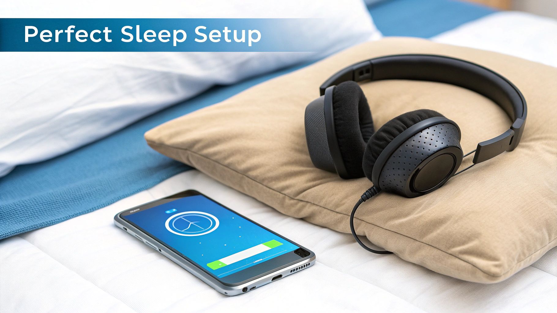 A person lying comfortably in bed listening to an audiobook with sleep headphones.