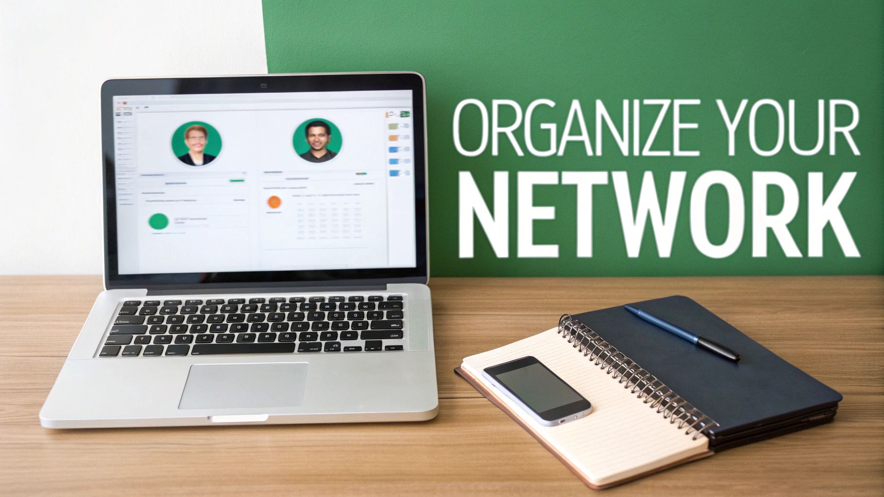 Laptop displaying contact management software, notebook, and phone on a desk with 'Organize Your Network' text.