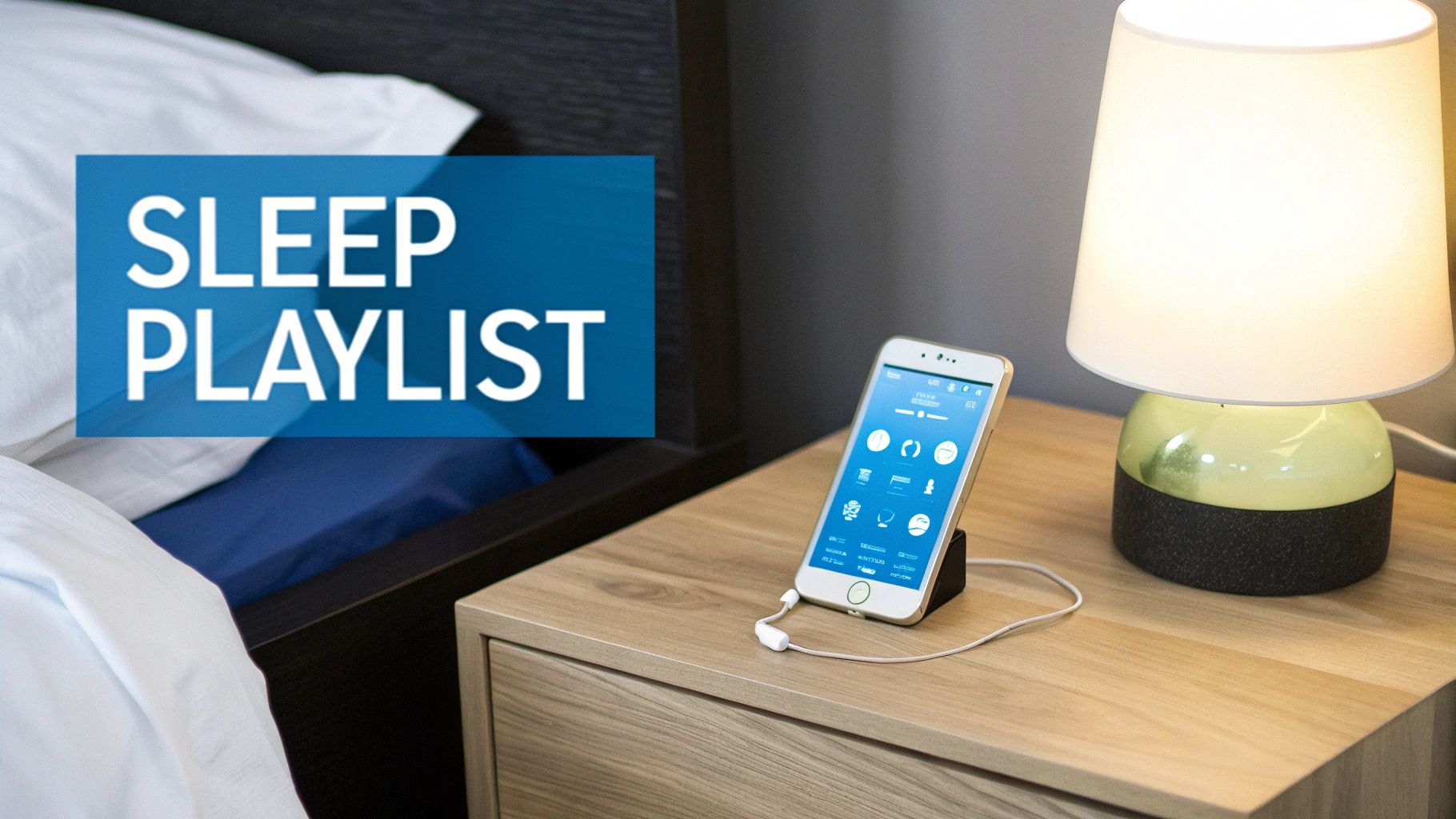 Woman with headphones on in bed, curating a sleep playlist on her phone.