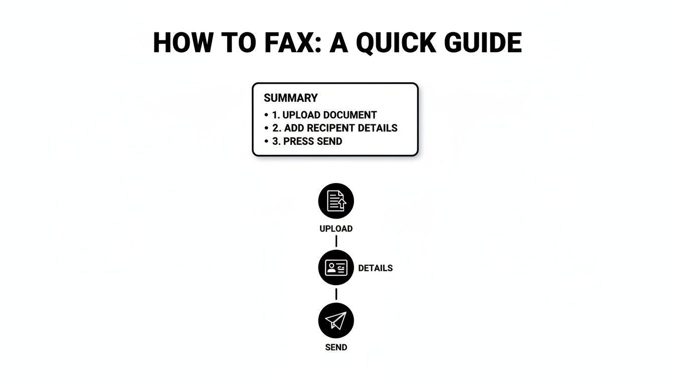 A visual guide explaining how to fax in three simple steps: upload document, add recipient details, and send.