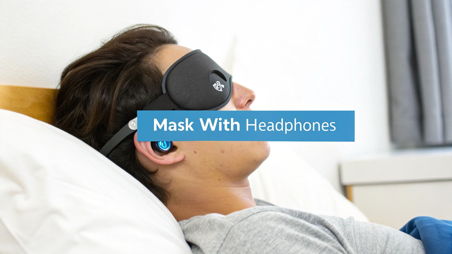 Person lying down wearing black sleep mask with integrated headphones for comfortable side sleeping