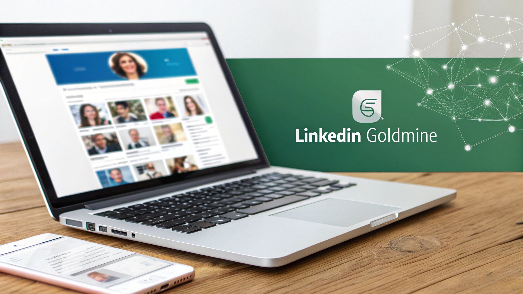 Laptop and smartphone showing LinkedIn profiles, with a 'LinkedIn Goldmine' banner.