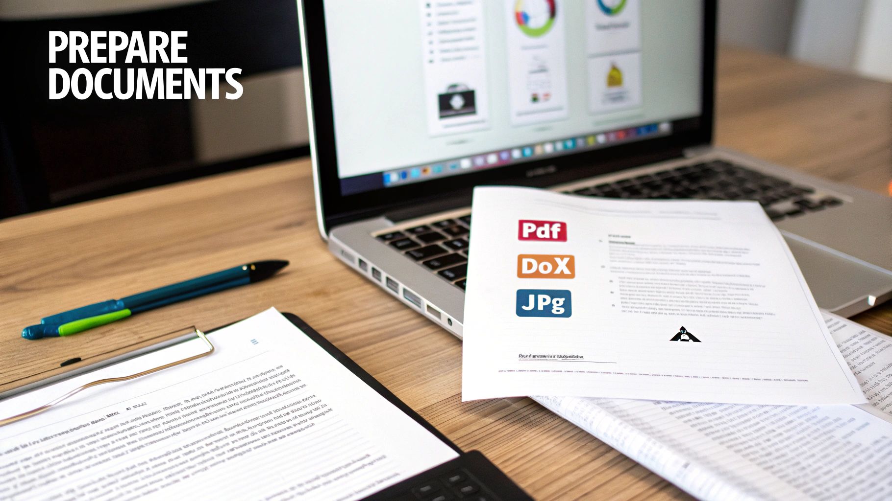 A desk with a laptop, documents, and a pen, highlighting the preparation of various file formats like PDF, DOCX, and JPG.
