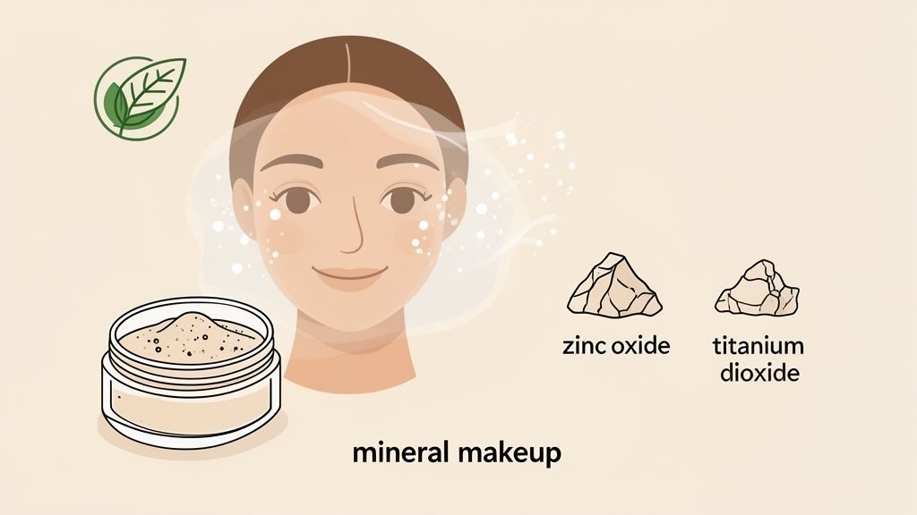 Illustration of mineral makeup, featuring a woman, powder, and natural ingredients like zinc oxide and titanium dioxide.