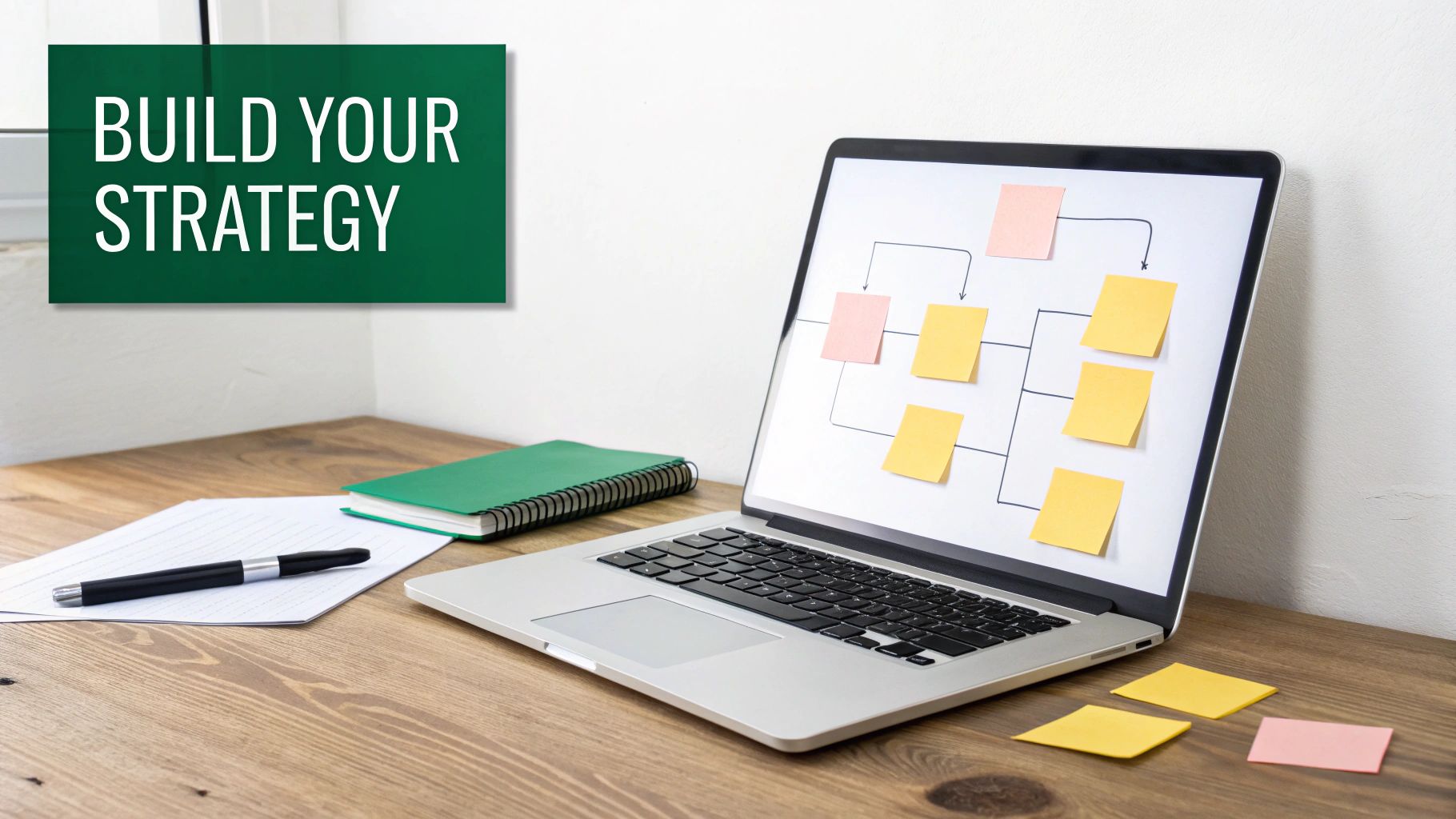 A desk with a laptop displaying a strategy flowchart made of sticky notes, next to a sign saying 'BUILD YOUR STRATEGY'.