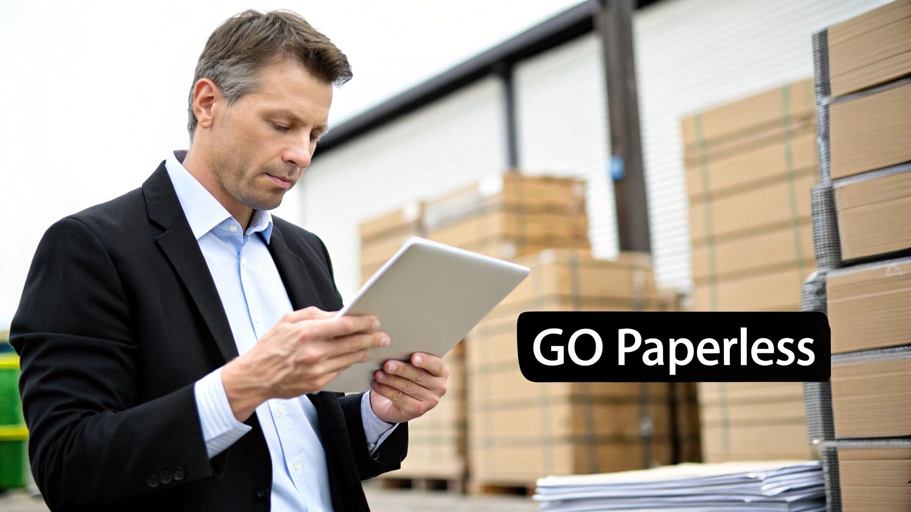 A businessman in a suit uses a tablet in a warehouse, with “GO Paperless” text overlay.