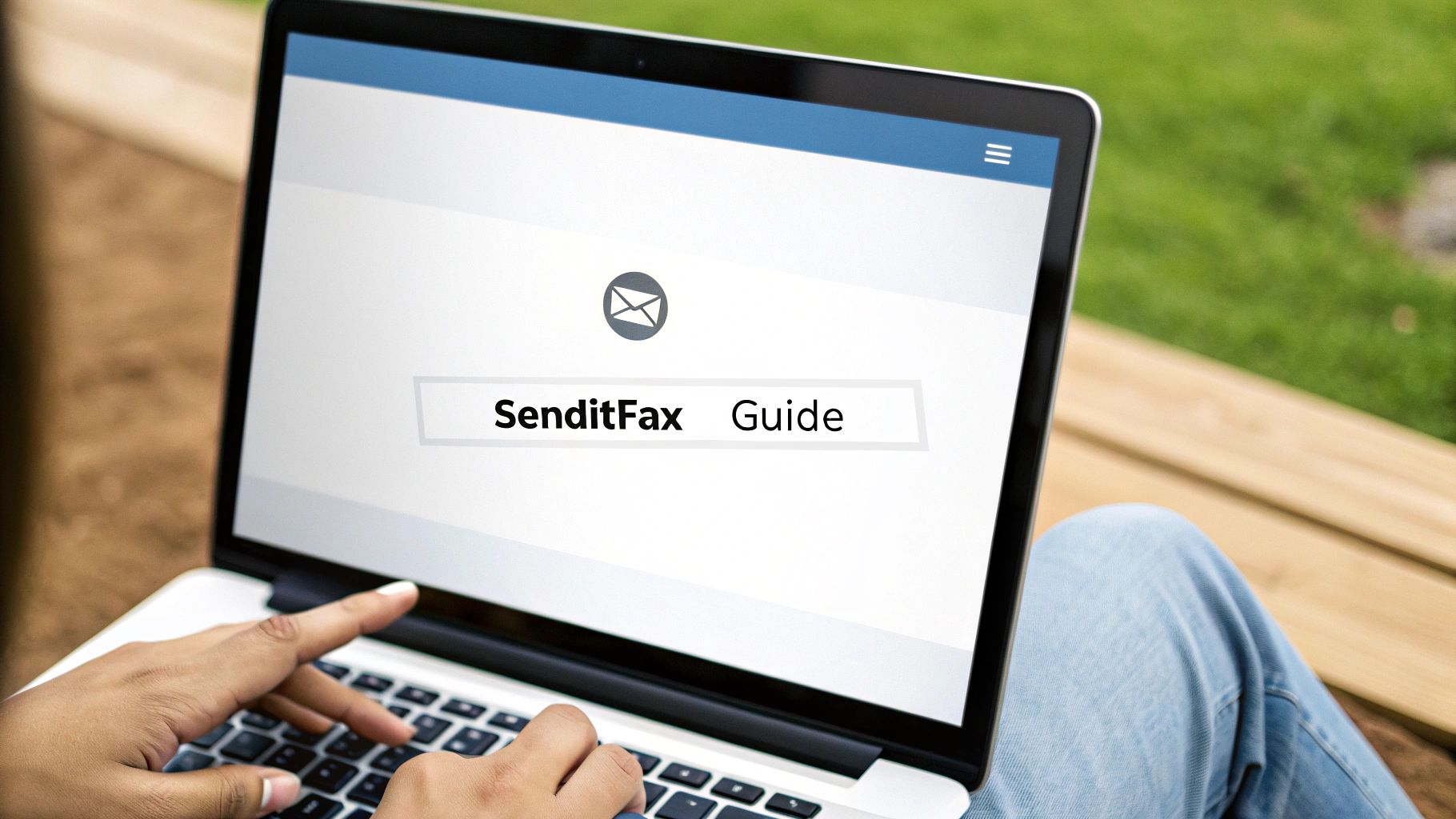 Person typing on a laptop with 'SenditFax Guide' displayed on the screen, sitting outdoors.
