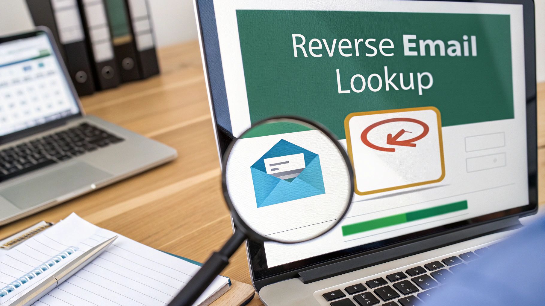 A magnifying glass hovering over a computer screen, symbolizing the process of a digital search or lookup.