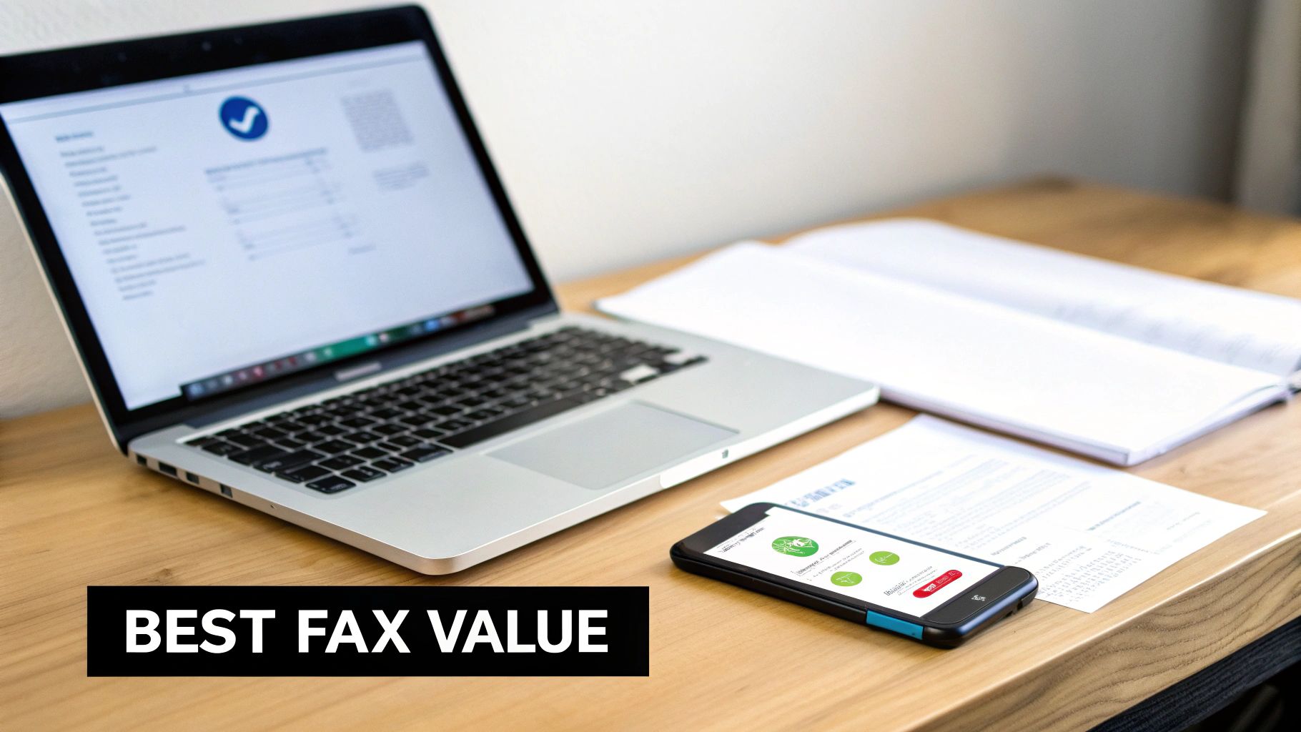 A person sitting at a desk with a laptop, comparing different options on a screen, representing the choice of an online fax service.