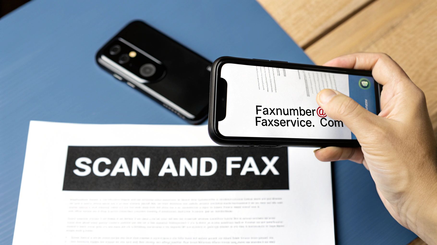 A hand holding a smartphone scanning a document with "SCAN AND FAX" text, showing a fax service email.