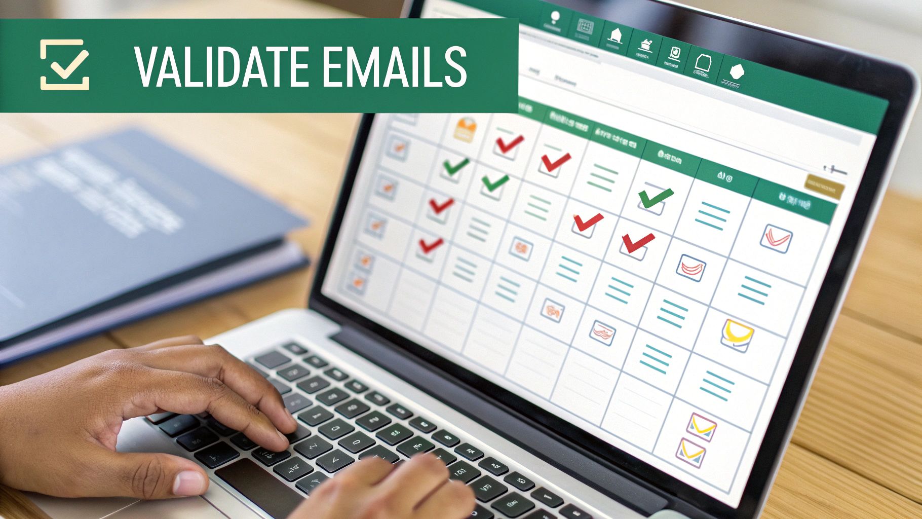 Person using laptop to validate email addresses in spreadsheet with checkmarks showing verification status