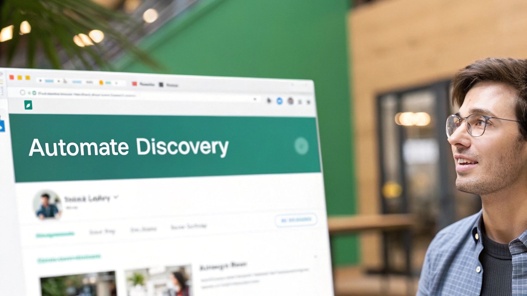 A man wearing glasses looks intently at a laptop screen displaying "Automate Discovery" in an office setting.