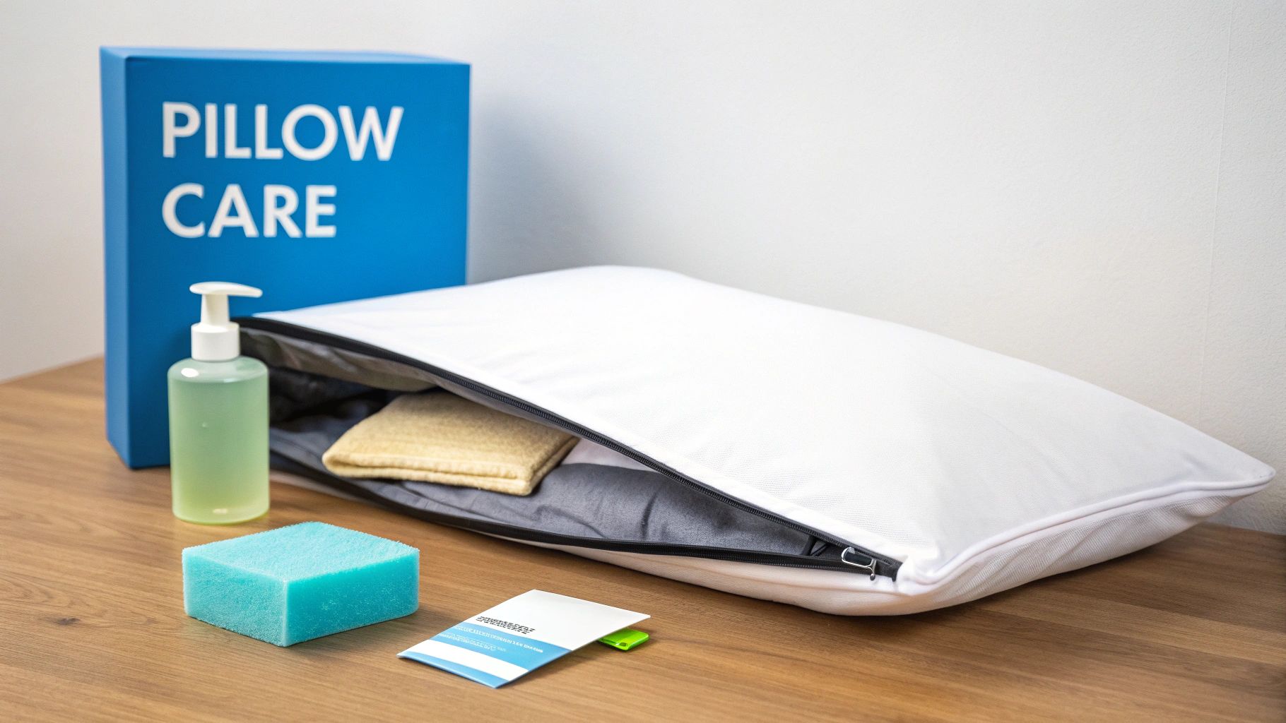 Memory foam pillow with removable white cover unzipped showing interior layers and cleaning supplies nearby
