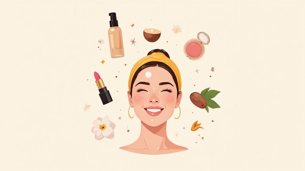 A woman with clear, glowing skin applying a non-toxic makeup product, surrounded by natural elements like plants and sunlight.