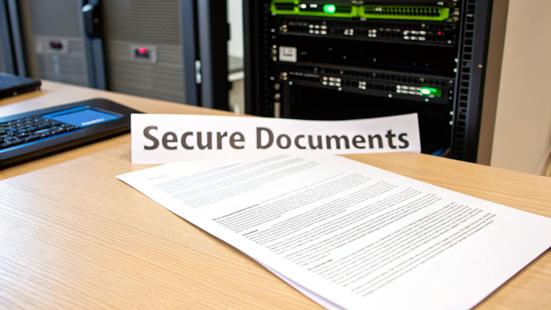 A 'Secure Documents' sign, document, and keyboard on a desk with server racks in the background, emphasizing data security.
