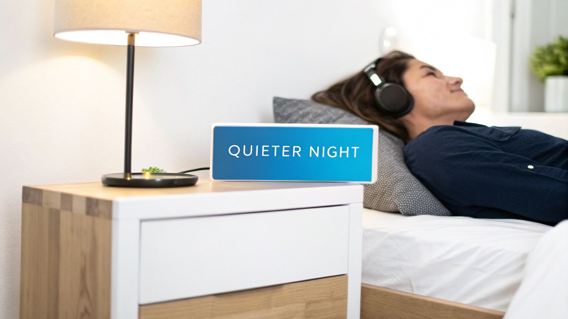 A person relaxing in bed, wearing headphones, with a 'QUIETER NIGHT' sign on a bedside table.