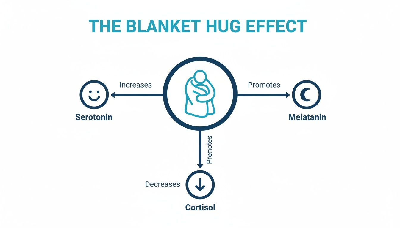 A diagram illustrating the blanket hug effect, showing increased serotonin, promoted melatonin, and decreased cortisol.