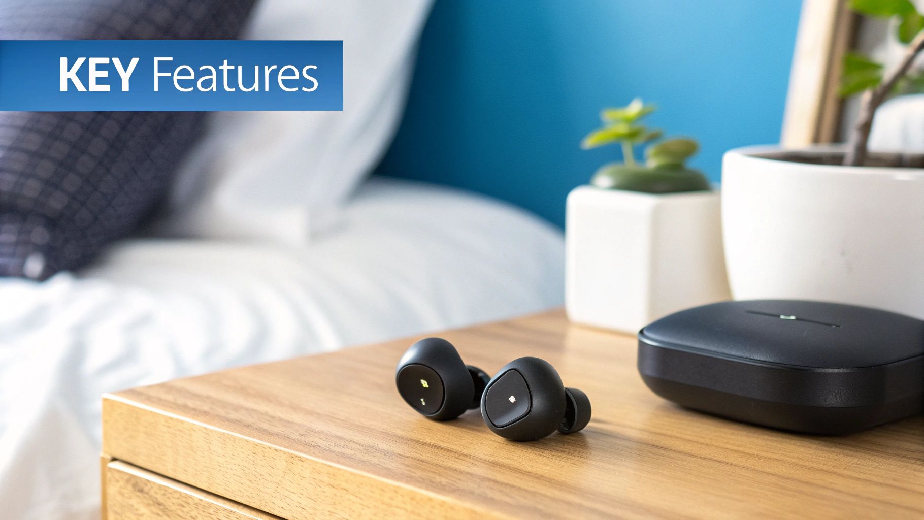 A person is meditating in a calm and peaceful environment with a pair of sleep earbuds.