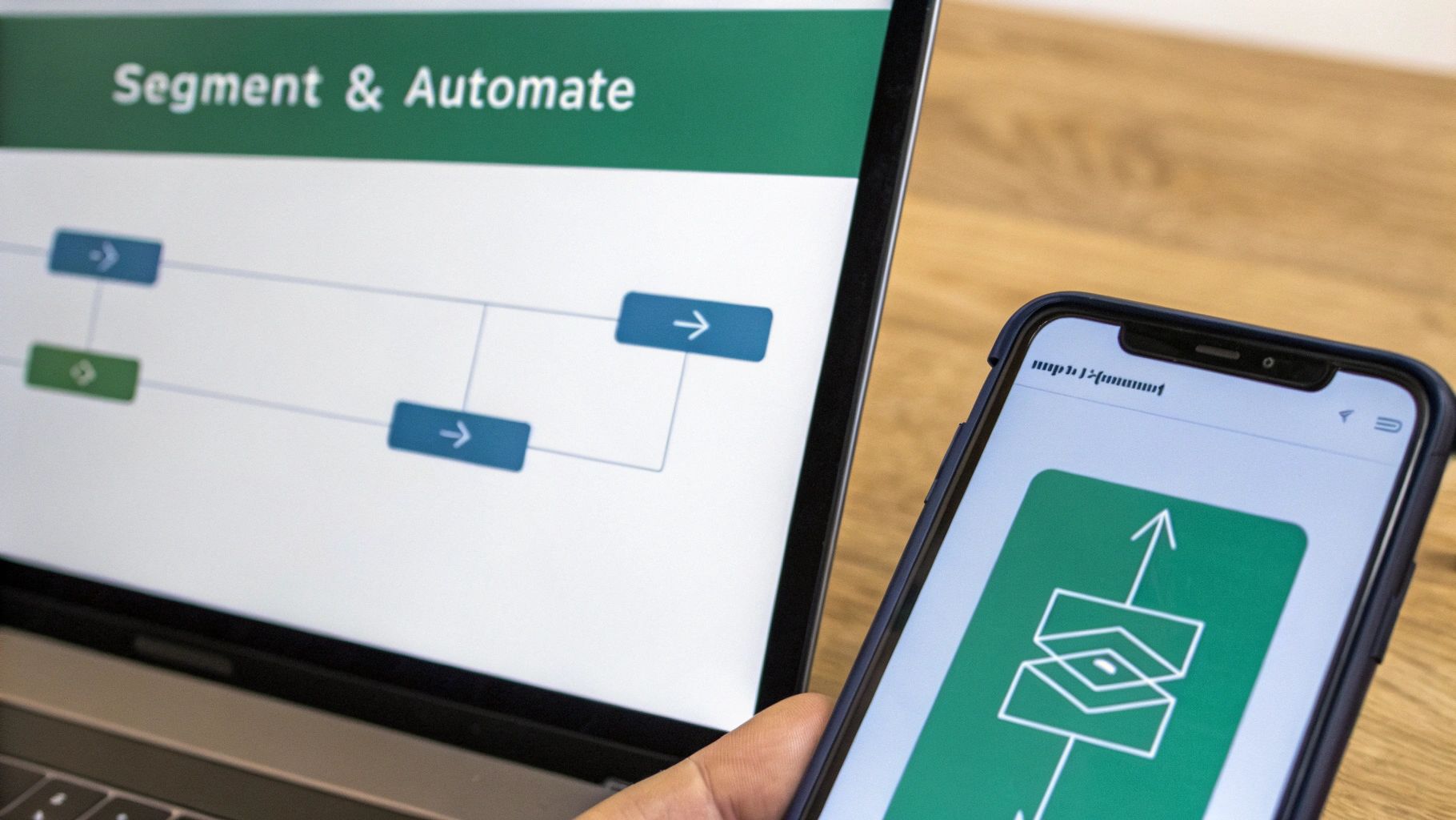 Laptop showing a workflow diagram and a smartphone with a green app icon, demonstrating digital marketing automation.
