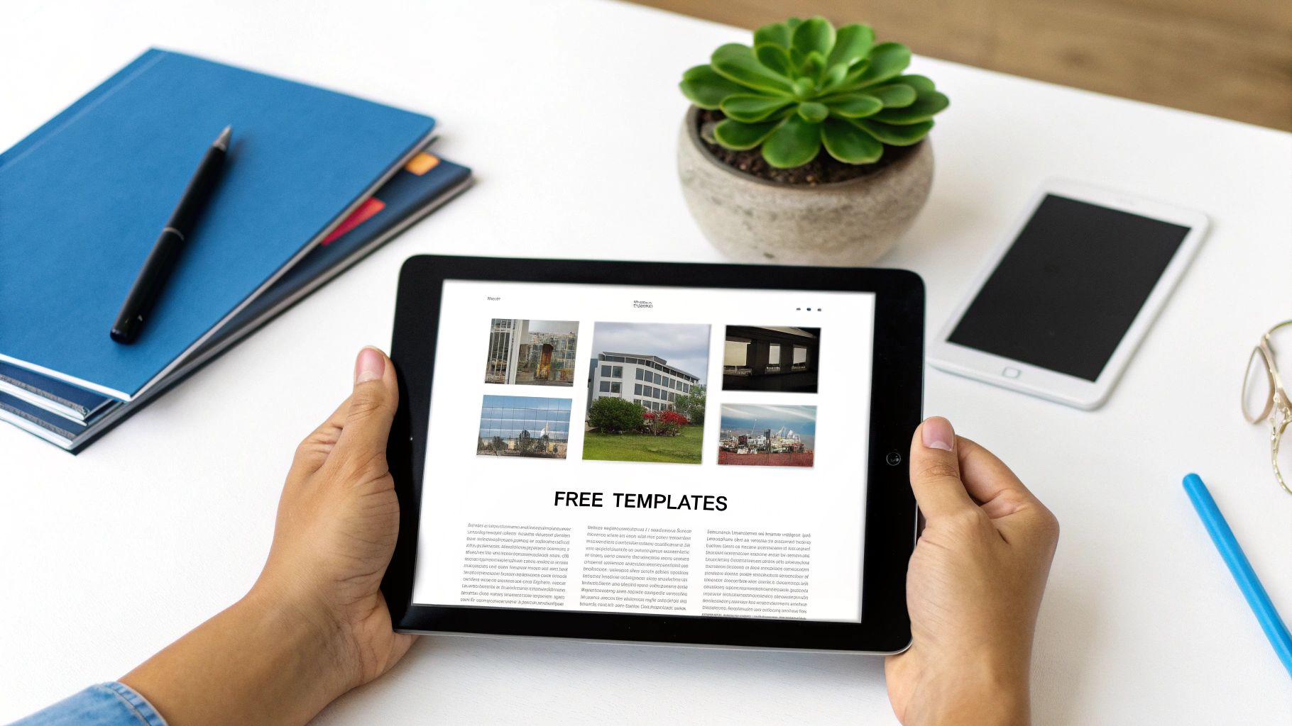 Close-up of hands holding a tablet showing a 'FREE TEMPLATES' page, surrounded by office items like notebooks and a plant.