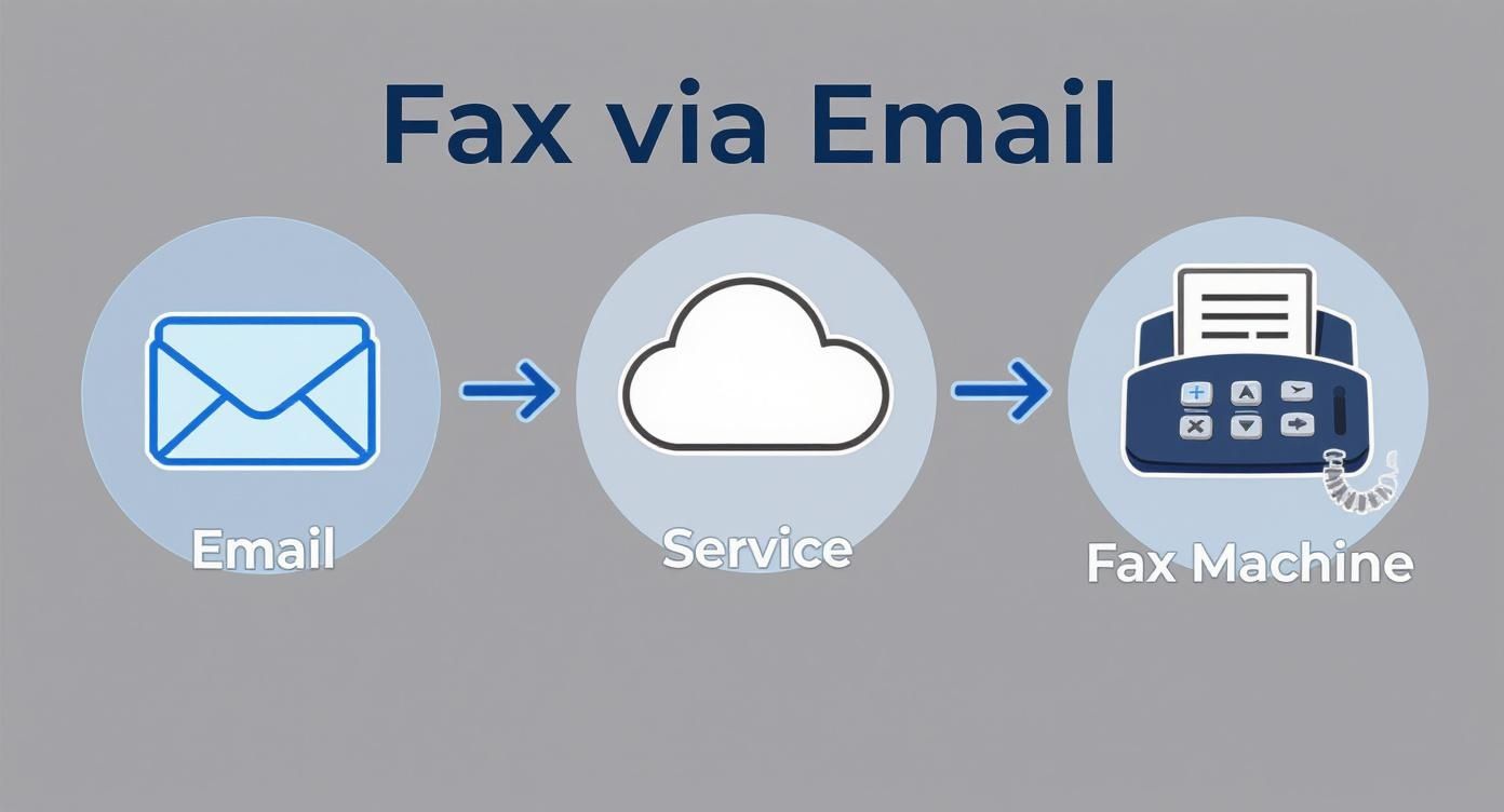 Diagram showing the process of sending a fax via email through a cloud service to a fax machine.