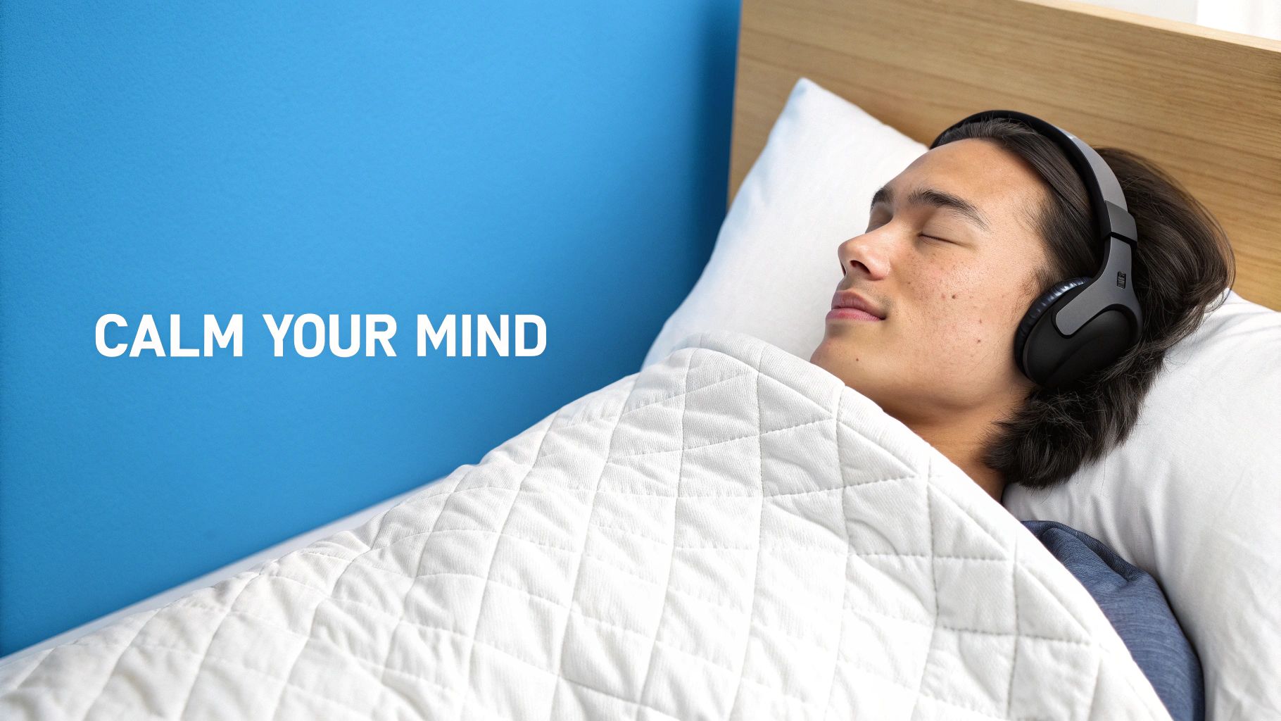 A person with eyes closed, wearing headphones, relaxing in bed under a white blanket with text 'CALM YOUR MIND'.