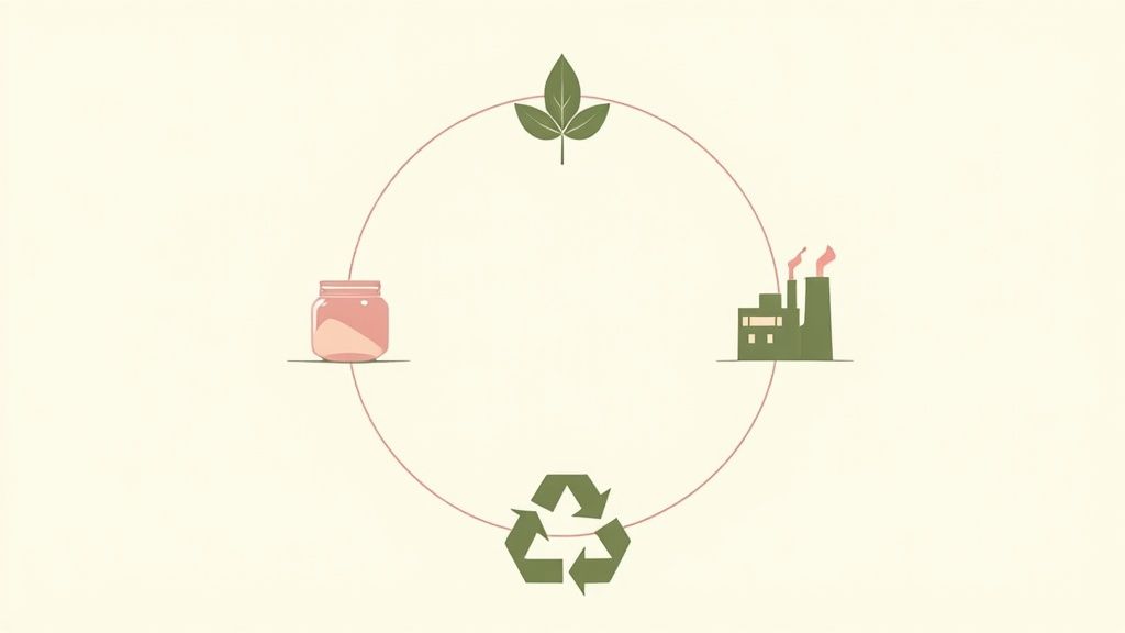An illustration of a circular economy, showing a leaf, factory, recycling symbol, and product jar.