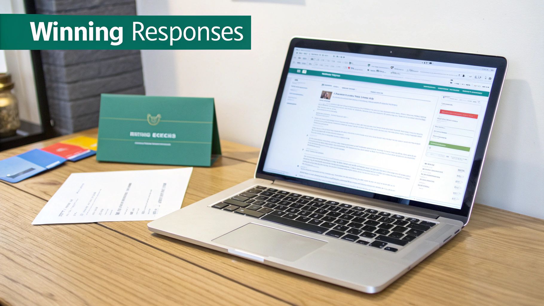 A laptop on a wooden desk displaying a webpage, with documents and a green folder.