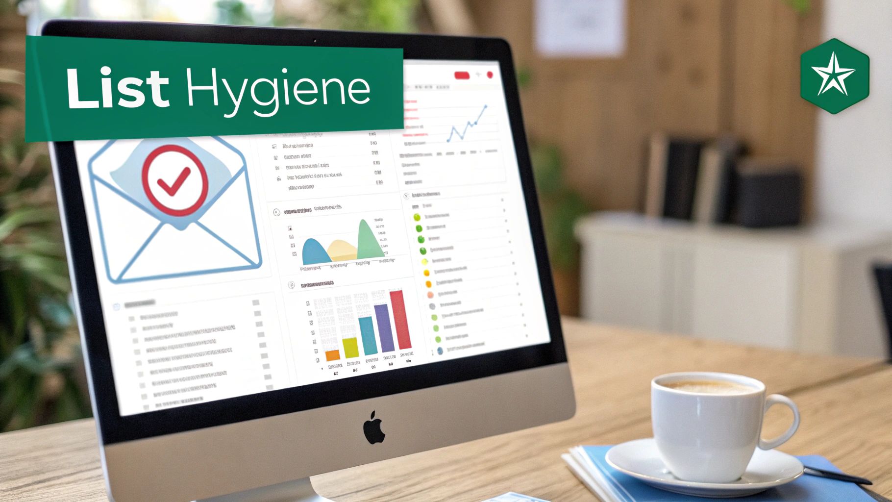 A computer screen displaying an email marketing dashboard with charts, an envelope icon, and 'List Hygiene' banner.