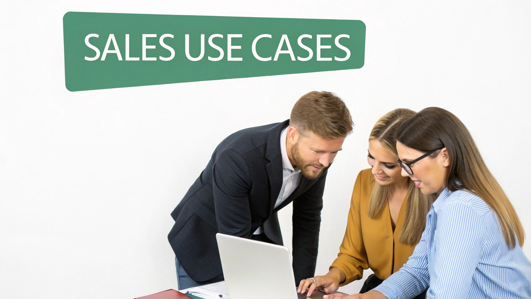 Three business professionals, a man and two women, collaborate on a laptop under a 'SALES USE CASES' banner.