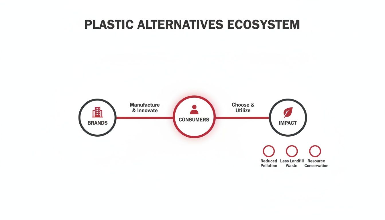 A diagram illustrates the plastic alternatives ecosystem, showing the flow from brands to consumers to environmental impact.