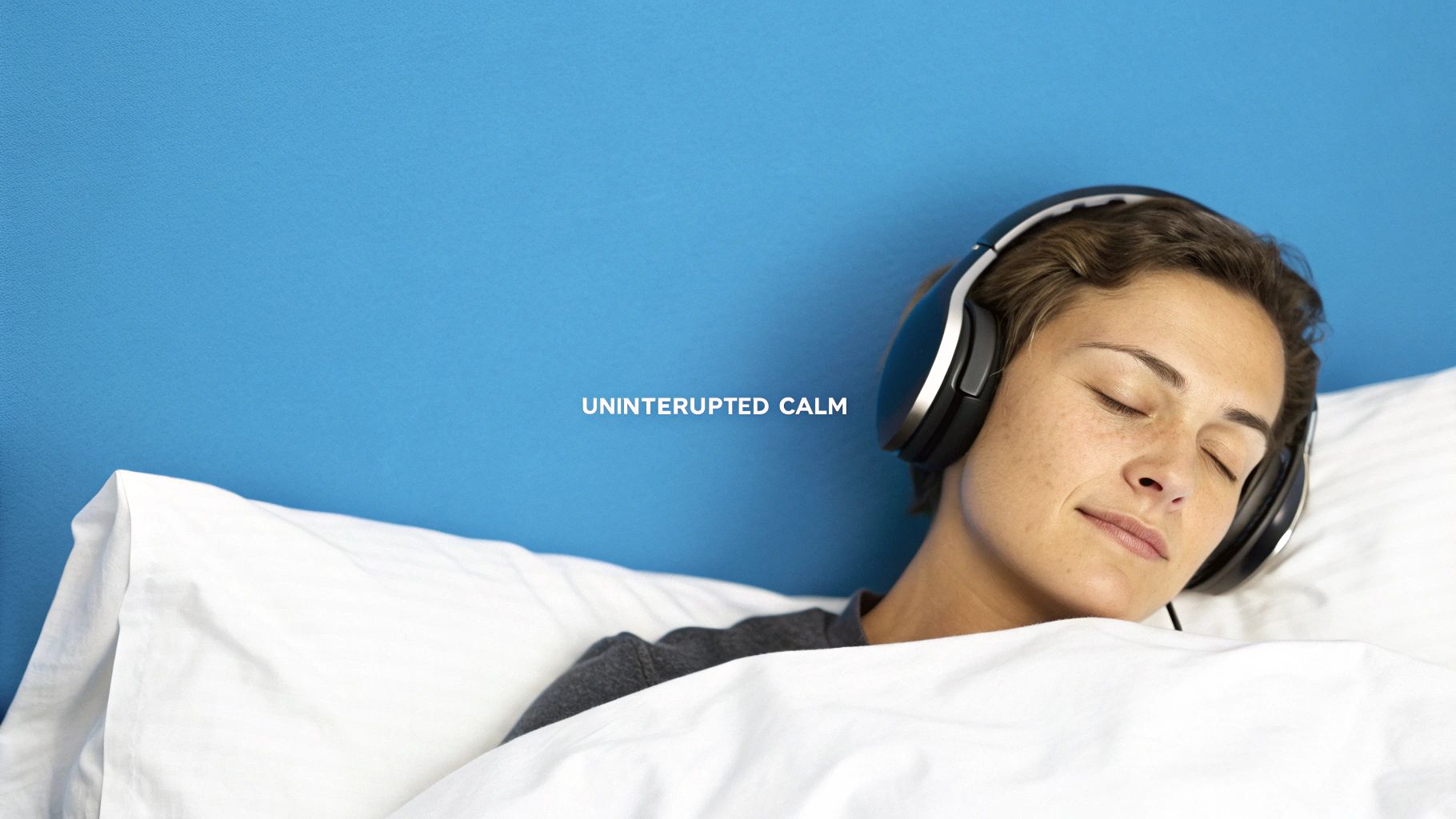A person relaxing in bed, wearing slim headphones designed for sleep.