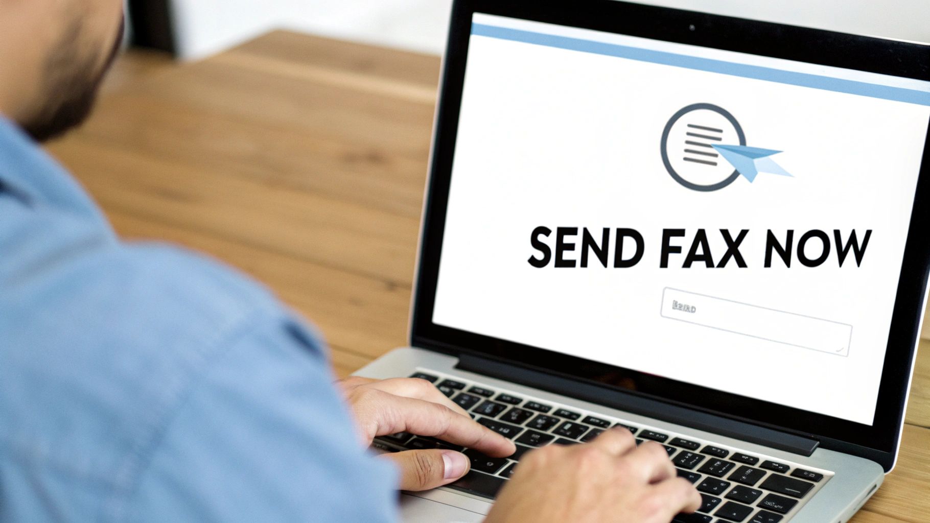 Man using a laptop to send a fax online, screen displays 'SEND FAX NOW'.