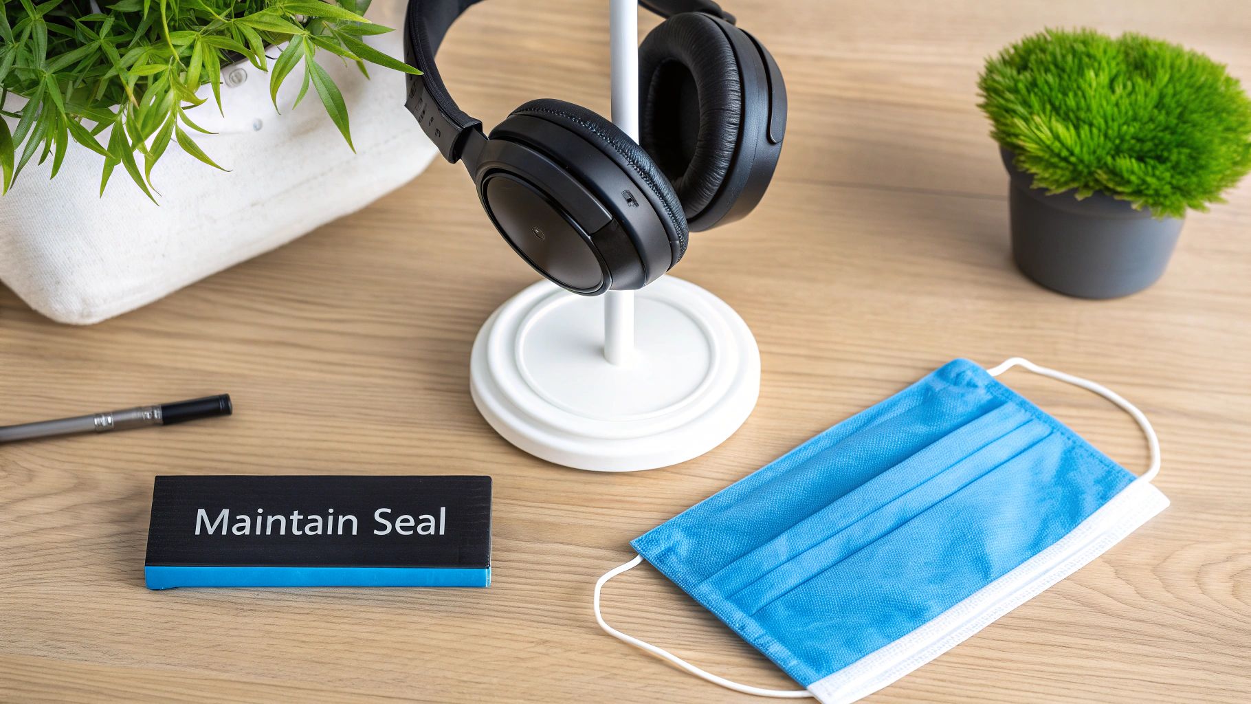 A person carefully cleaning their over-ear headphones with a soft cloth.