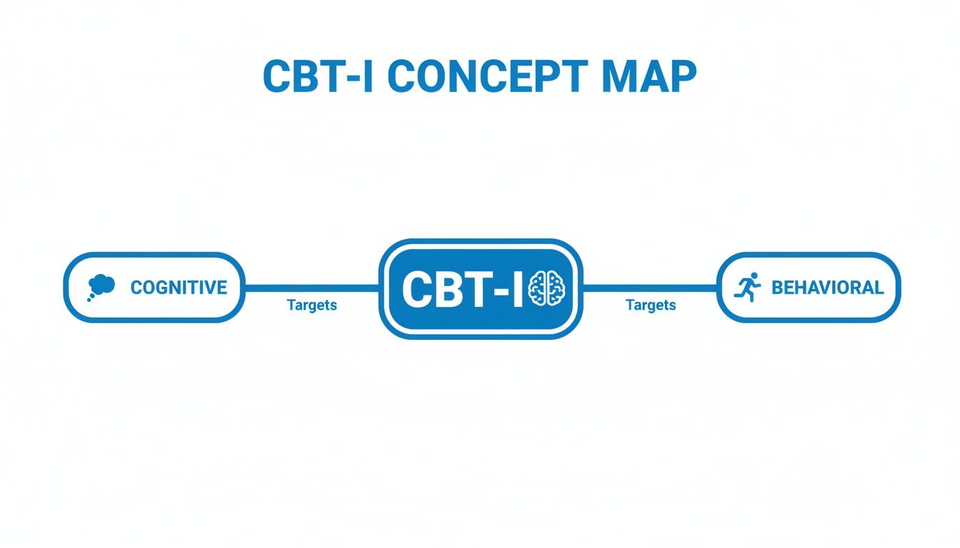 CBT-I concept map illustrating how it targets cognitive thought processes and behavioral patterns.