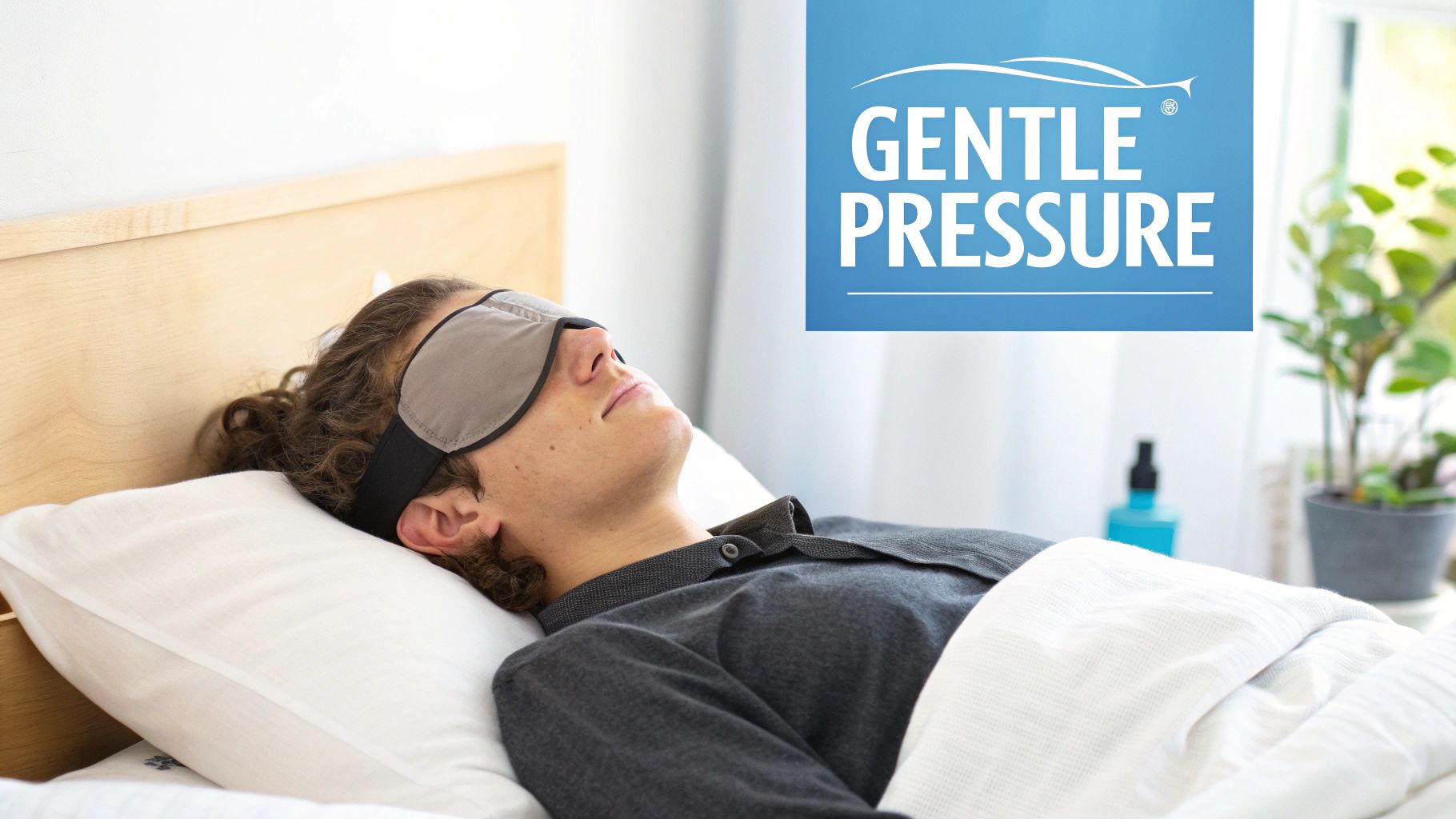 A person with curly hair wearing a grey sleep mask, sleeping peacefully in bed.